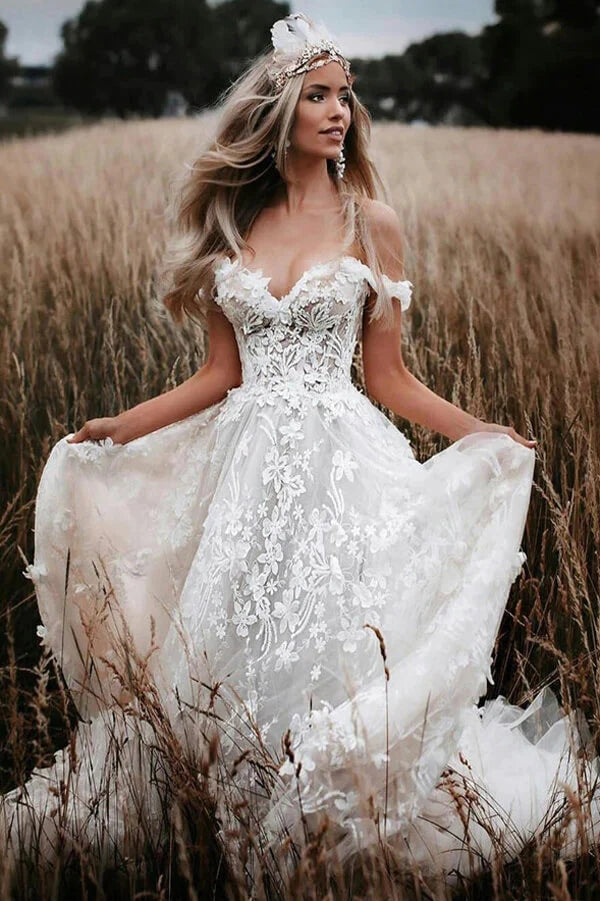 Off-the-Shoulder Tulle Lace Flowers Rustic Wedding Dresses Boho Wedding Gown WD631 – Pgmdress